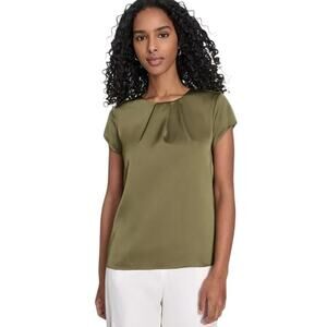 Calvin Klein Size XL NWT Womens Olive Green Pleated Crew Neck Cap Sleeve Blouse